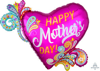 32" Happy Mother's Day Pink n' Paisley Swirly Heart Foil Balloon