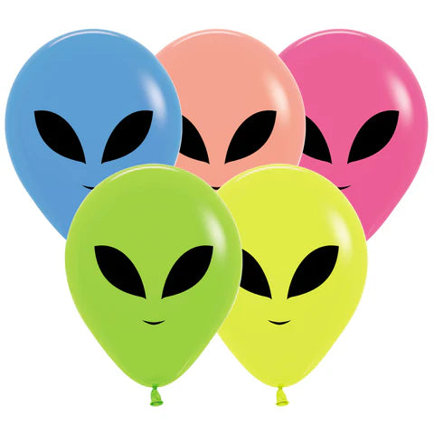 Five colorful alien face balloons on a white background out of this world outer space spaceship neon helium latex balloons pick up delivery Pittsburgh Lawrenceville