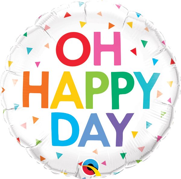 18" Oh Happy Day Foil Mylar Helium Rainbow Confetti Balloon Colorful Text on white Background for Pickup or Delivery in Pittsburgh PA