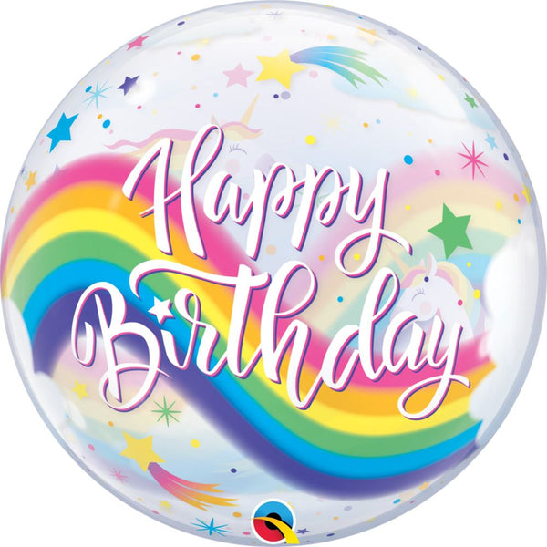 Bubble balloon with 'Happy Birthday' text and rainbow colors on a white background unicorn bobo double sided qualatex star fun cute adorable whimsy pittsburgh 