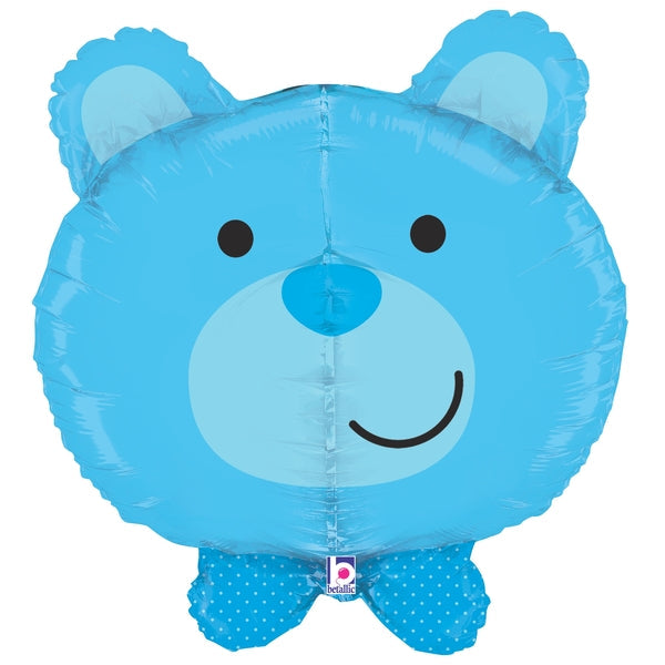 Blue bear-shaped balloon with a smiley face on a white background baby welcome boy helium foil mylar balloon shower gift cute adorable bear bowtie 27 inches pickup or delivery Pittsburgh Lawrenceville