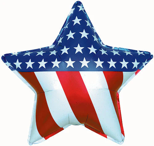 Star-shaped balloon with American flag design on a white background stars and stripes patriotic 4th of july memorial day veterans day american legion VFW party cookout pick up or delivery PIttsburgh Lawrenceville