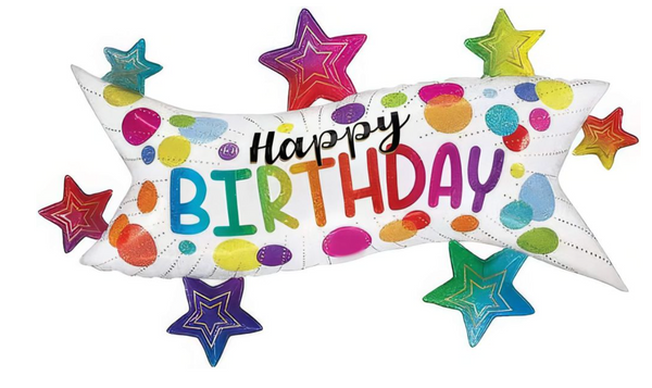 49" Rainbow Dots and Stars Happy Birthday Banner Foil Helium Balloon