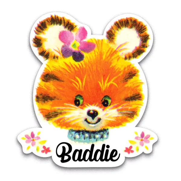 Colorful sticker of a tiger with a bow and flowers, labeled 'Baddie'. cute tiger cat vinyl sticker 