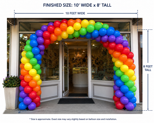 classic 8'x10' (hxw) symmetrical rainbow spiral balloon arch for delivery and installation in Pittsburgh