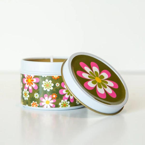 Groovy Retro Flower Bunch Plumeria Travel Candle