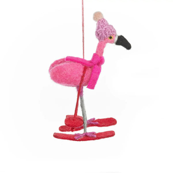 Handmade Felt Skiing Flamingo Hanging Christmas Decoration