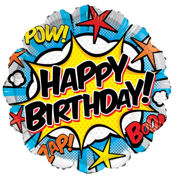 18" Superhero Comic "Happy Birthday" Round Foil Mylar Helium Balloon