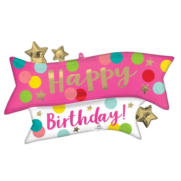 Supershape "Happy Birthday" Pink Confetti Banner Foil Mylar Helium Balloon