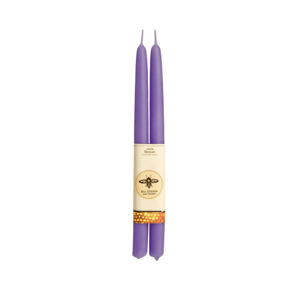 Two purple candles with a label on a white background Big Dipper Wax Company beeswax candles taper candle pick up or delivery Pittsburgh Lawrenceville