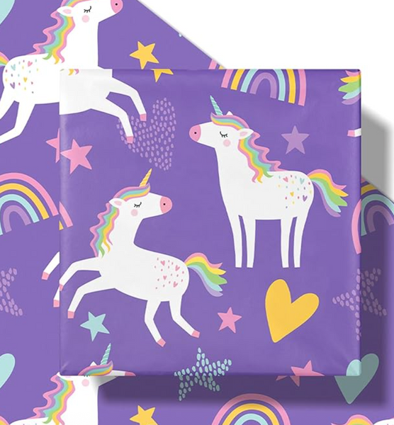 Pre-Cut  Purple Unicorn Rainbow Gift Wrap - 17"x24"