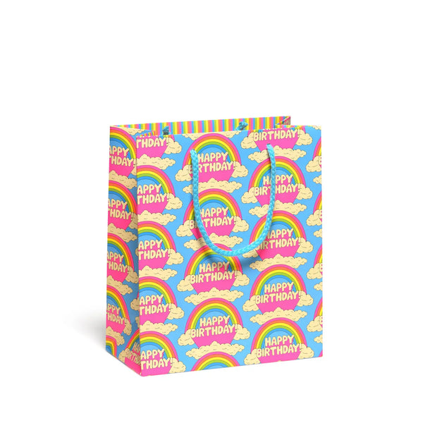 Gift bag with 'Happy Birthday' text and rainbow designs on a white background neon pink cute rainbow gift bag 