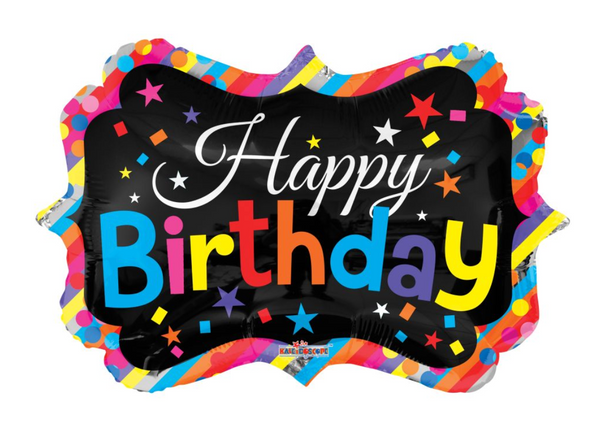 28" black and rainbow marquee shaped happy birthday helium foil balloon