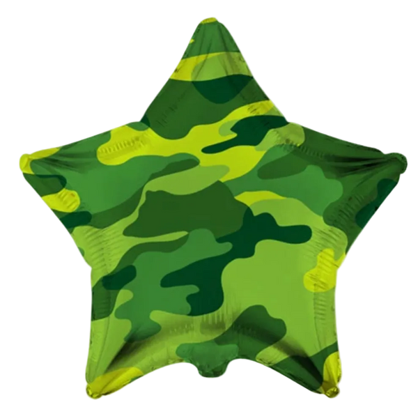 A star-shaped foil balloon with a green camouflage pattern, featuring shades of forest green, olive green, and bright lime green