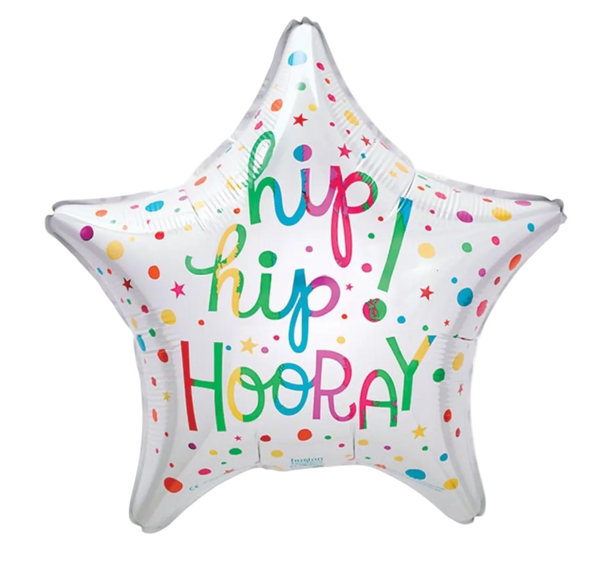 White confetti rainbow-colored star balloon with the words "Hip Hip Hooray!" 