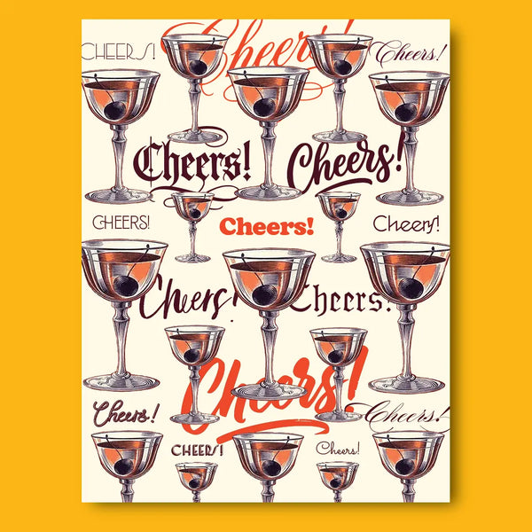 Illustration of cocktail glasses with 'Cheers!' text on a white background. cheers congrats birthday greeting card graduation retirement congratulations raise a toast pick up or delivery Pittsburgh Lawrenceville