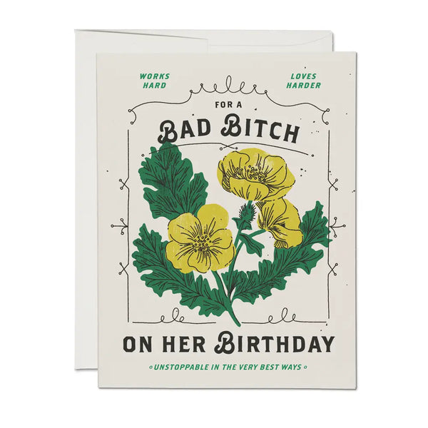 Greeting card with yellow flowers and text on a white background bad bitch birthday greeting card works hard loves harder unstoppable
