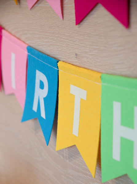 Rainbow Happy Birthday felt bunting banner garland close up