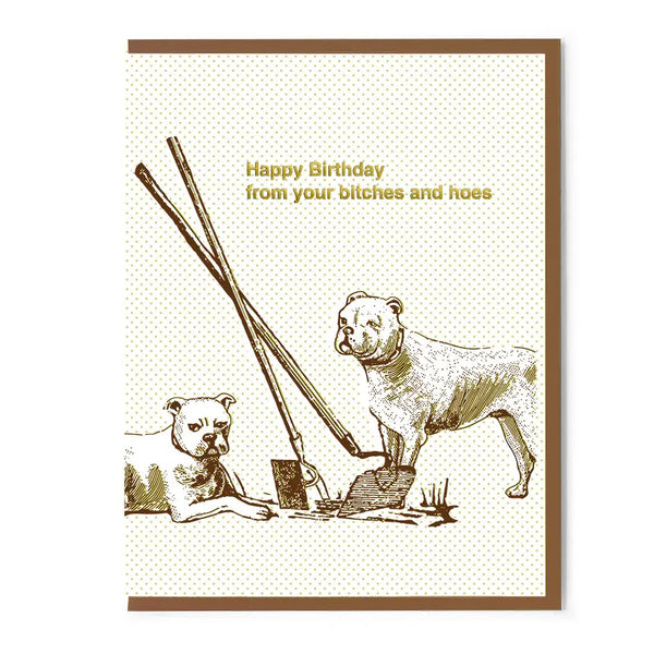Birthday card with illustration of two dogs and text on a white background happy birthday bitches and hoes greeting card funny
