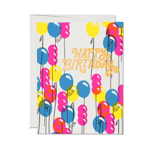 Birthday card with colorful balloons and 'Happy Birthday' text on a white background neon gold hand stamped greeting card