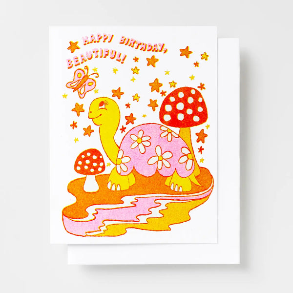 Happy Birthday Beautiful Mushroom Tortoise Risograph Greeting Card