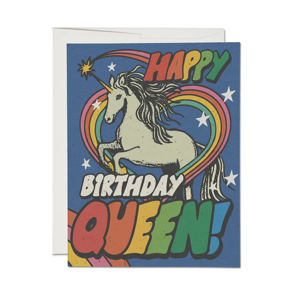 Greeting card with a unicorn and rainbow design, featuring the text 'Happy Birthday Queen!' on a blue background. happy birthday queen unicorn rainbow birthday card greeting card
