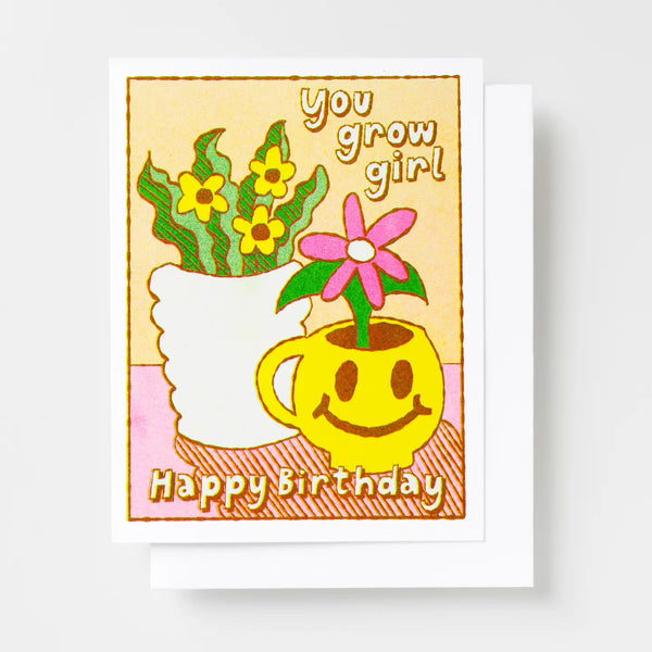 Happy Birthday Smiley Face Plant You Grow Girl Risograph Greeting Card