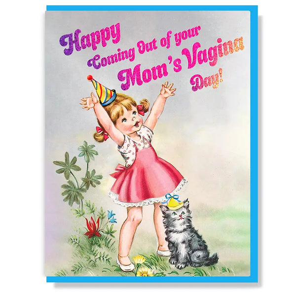 Card with a girl and cat illustration and humorous text on a white background happy birthday greeting card funny 