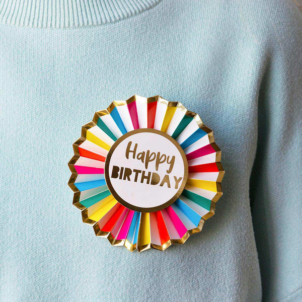 rainbow and gold happy birthday badge pin