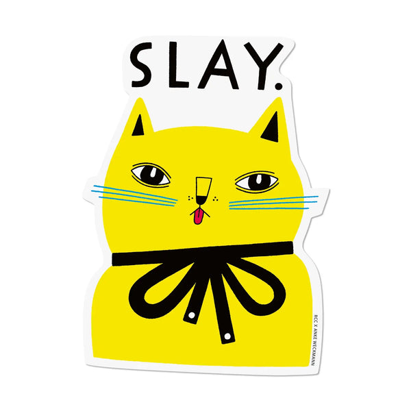Yellow cat illustration with 'SLAY' text on a white background cute queen slay kitty bow whiskers