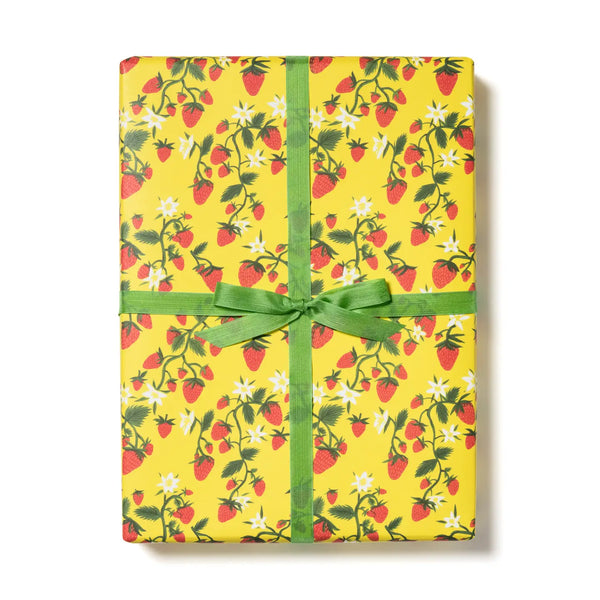 gift wrap strawberry patch cute adorable yellow wrapping paper