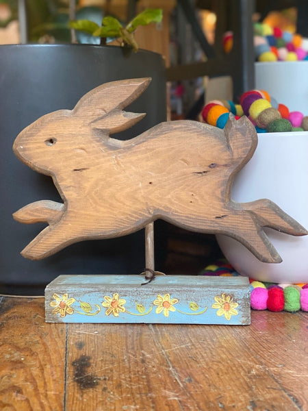 Vintage Wood Bunny on Flowered Pedestal Block