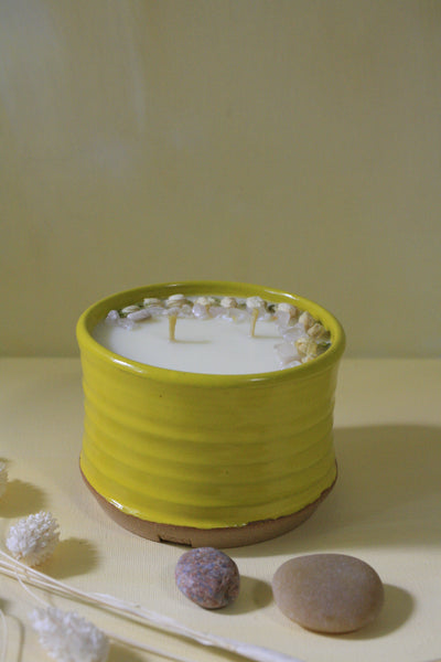 Yellow Vessel with Crystals & Botanicals - Jasmine, Flower, Lemon Ceramic Candle by Suma Wares
