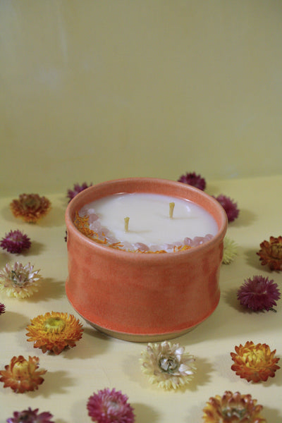 Orange Vessel with Crystals & Botanicals - Grapefruit, Pine, Vanilla Ceramic Candle by Suma Wares