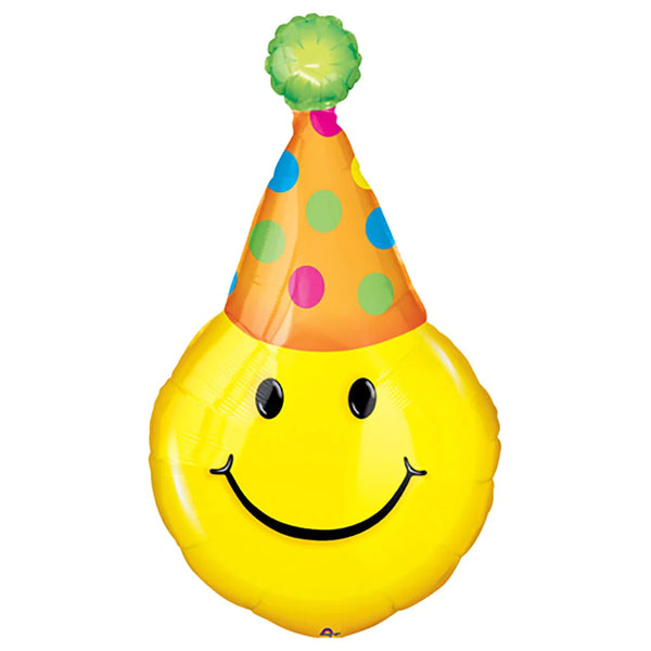 39" Birthday Hat Mylar Smiley Face Balloon